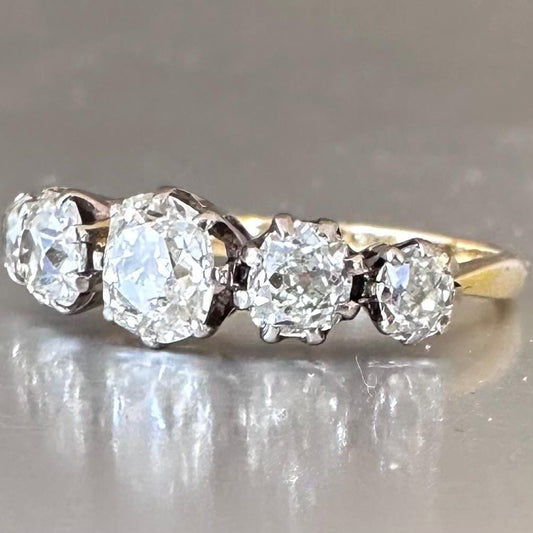 Antique 18K Gold Five Stone Ring, 1.98 ct Old Mine Cut Diamonds Victorian - Diamonds Assessed by DGA Gem-A Specialist