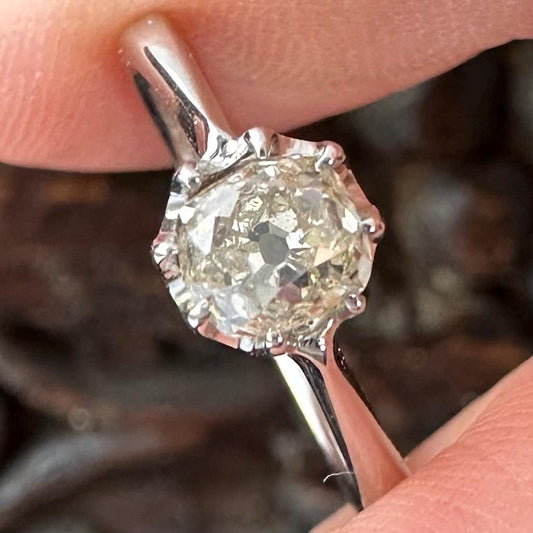 Antique 0.65 Carat Old Mine Cut Diamond Solitaire Ring, 18ct White Gold Diamonds Assessed by DGA Gem-A Specialist