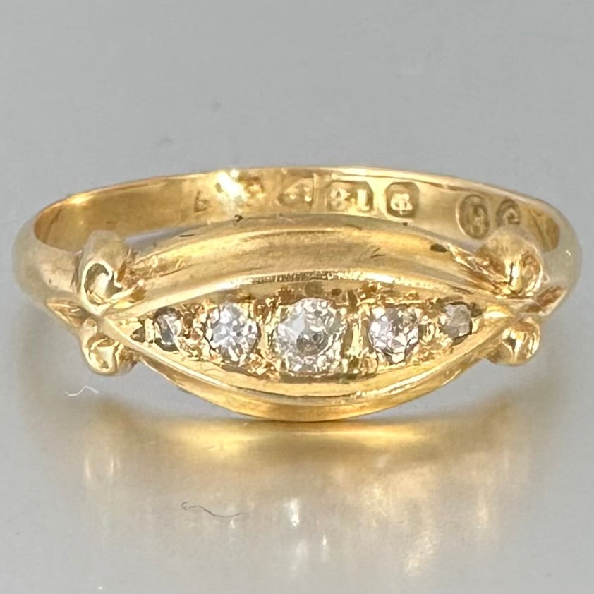 Antique 18ct Gold Diamond Ring: Five Stone Old European Cut, Chester England Diamonds Assessed by Gem-A Specialist