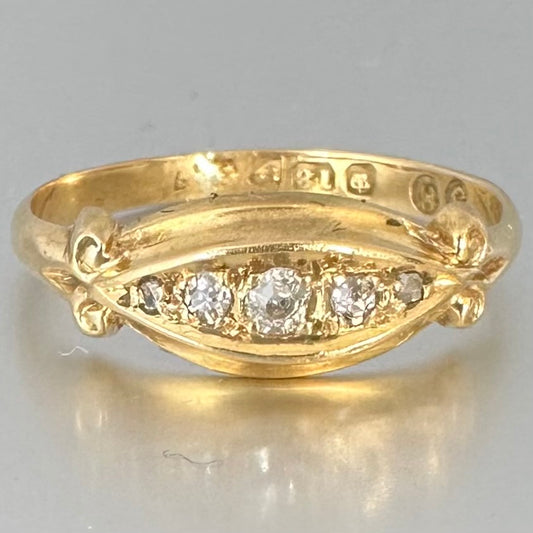 Antique 18ct Gold Diamond Ring: Five Stone Old European Cut, Chester England Diamonds Assessed by Gem-A Specialist