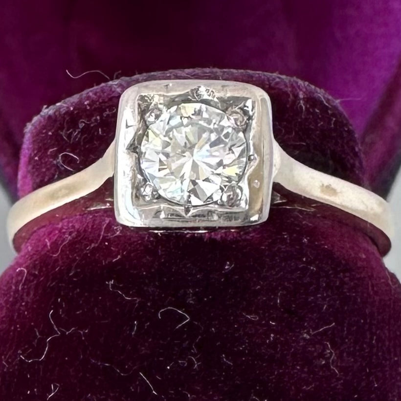 Antique 0.4 ct Diamond Solitaire Ring 18k Gold Platinum, US 6.75 UK N Diamonds Assessed by DGA Gem-A Specialist