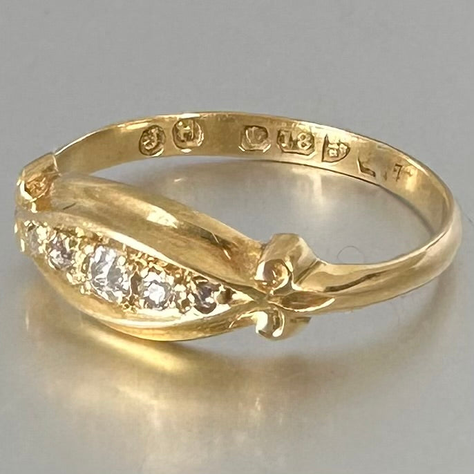 Antique 18ct Gold Diamond Ring: Five Stone Old European Cut, Chester England Diamonds Assessed by Gem-A Specialist