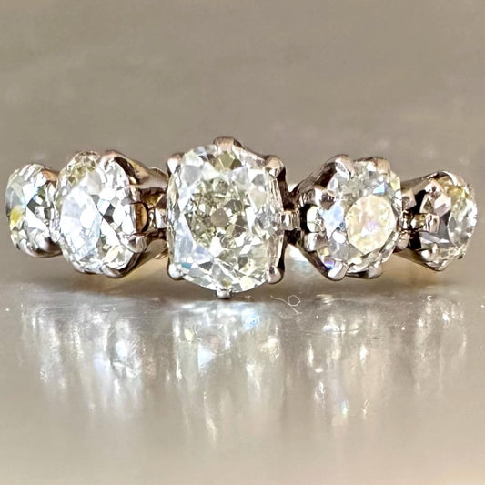 Antique 18K Gold Five Stone Ring, 1.98 ct Old Mine Cut Diamonds Victorian - Diamonds Assessed by DGA Gem-A Specialist